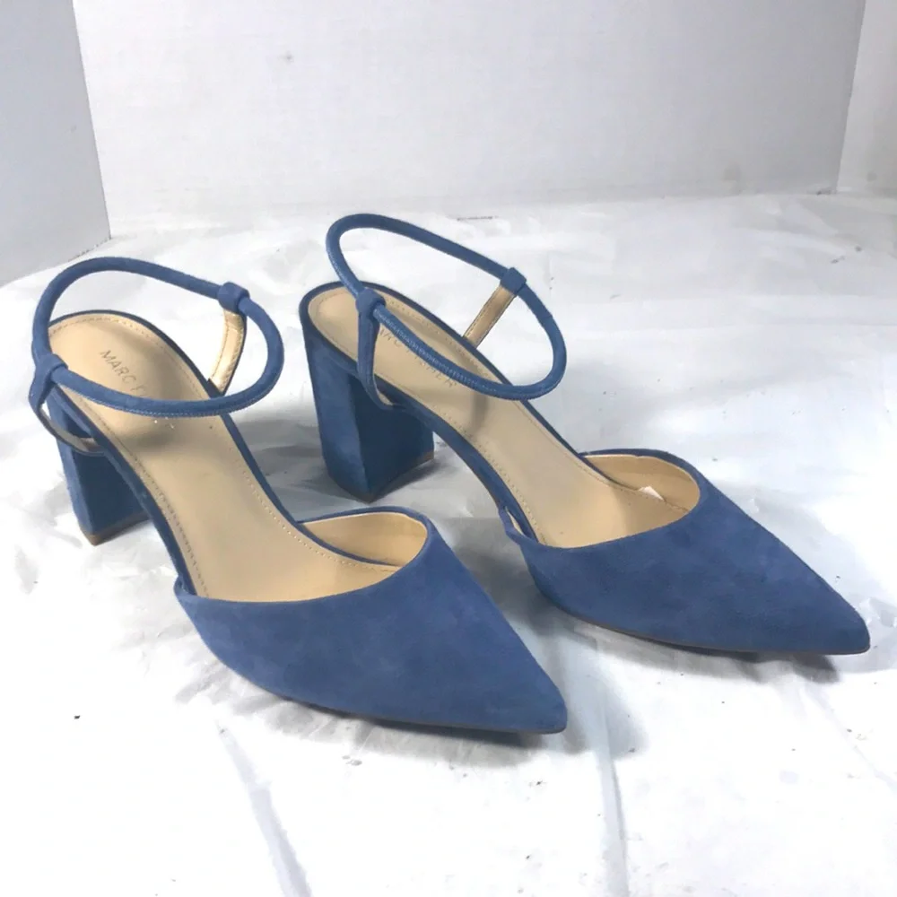 Marc Fisher LTD. Women’sMarlon Blue Suede Strappy  Pointy Toe Chunky Heels Shoes